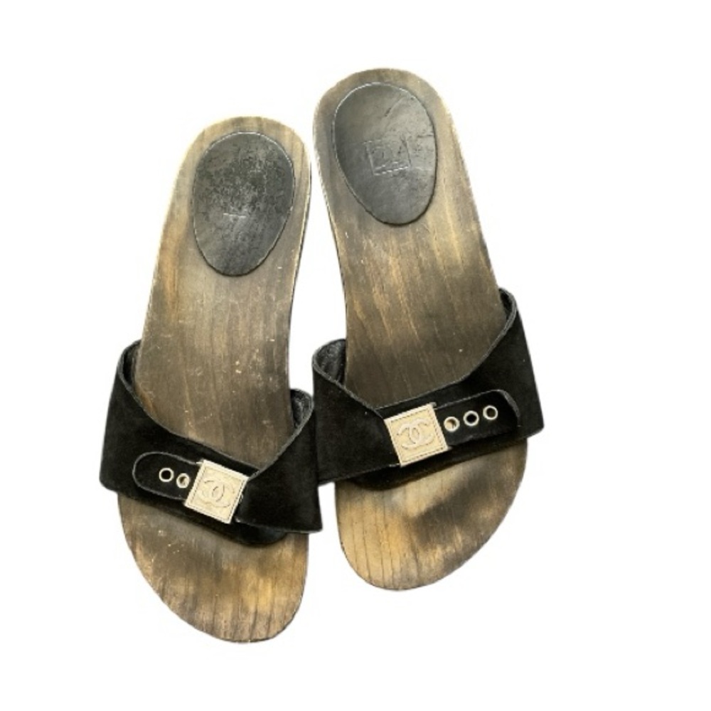 CHANEL Interlocking CC Logo Suede Slide Wood Clog Mule sandals 38 Black